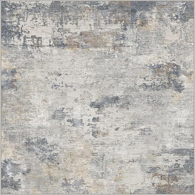 Square Area Rugs : Washable 8x8 Neutral Modern Abstract Carpet for Living Room Bedroom - Soft Floor Mat with Non Slip Backing for Kitchen Nursery Dorms Farmhouse Home Decor - Blue Grey