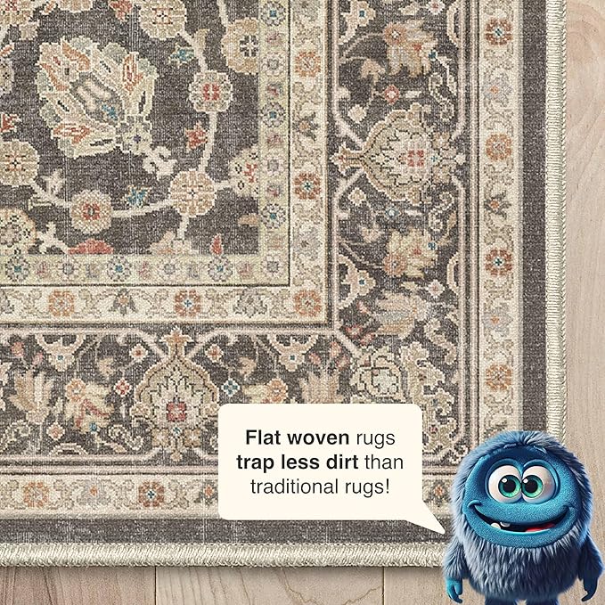 Well Woven Asha Rome Charcoal Brown 3'3" x 5' Area Rug - Oriental Floral Pattern, Easy Clean, Floor-Friendly Backing - for Living Room, Bedroom, and Dining Room