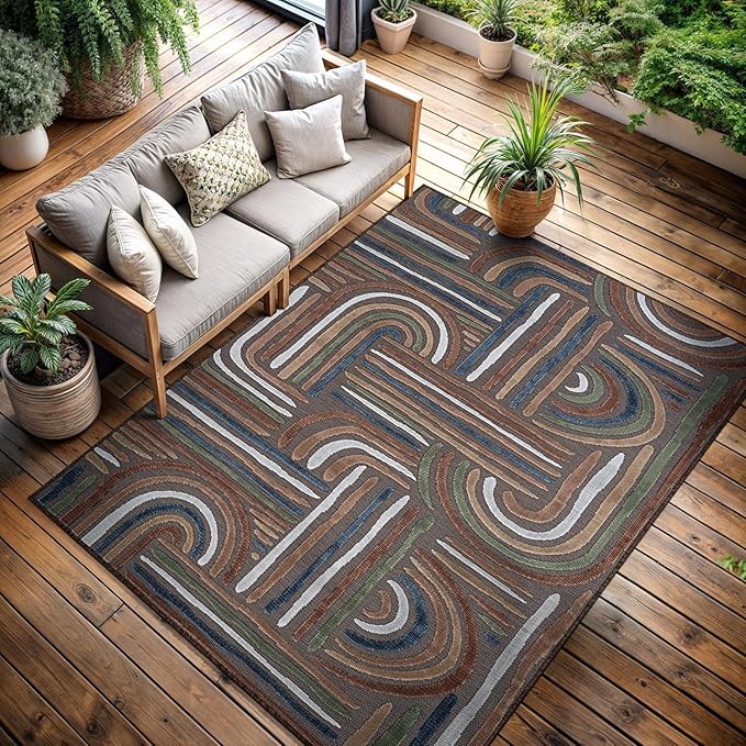 CAMILSON Indoor Outdoor Rug, Brown 6x9 Geometric Arch Striped Area Rugs for Patio and Home Areas, Easy-Cleaning Non-Shedding Living Room, Garden and Deck Washable Outside Carpet (6 x 9)