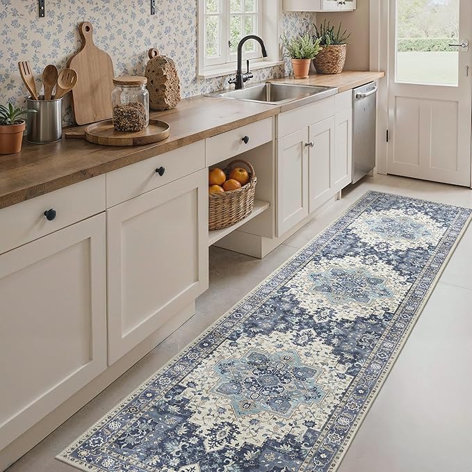 2'6''x10 Runner Rugs for Hallway, Machine Washable Non Slip Vintage Rugs, Low Pile Lightweight Soft Print Rug for enrtyway, Corridor, Home Office, Kitchen, Center Blue