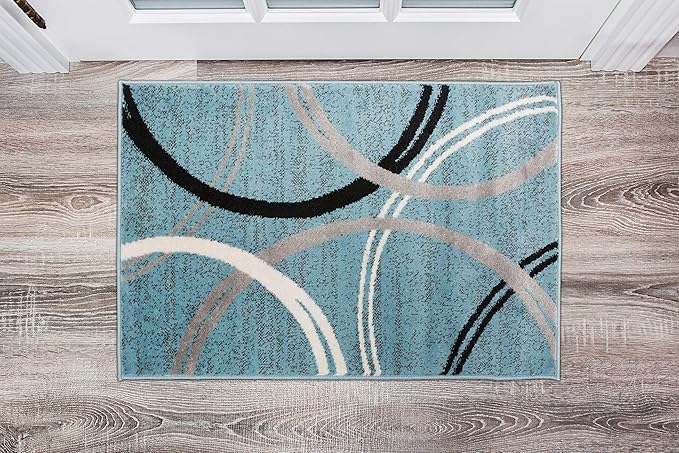 Rugshop Modern Wavy Circles Design Accent Rug, Carpet with Jute Backing for Entryway, Bathroom, or Kitchen, Blue, 2' x 3'