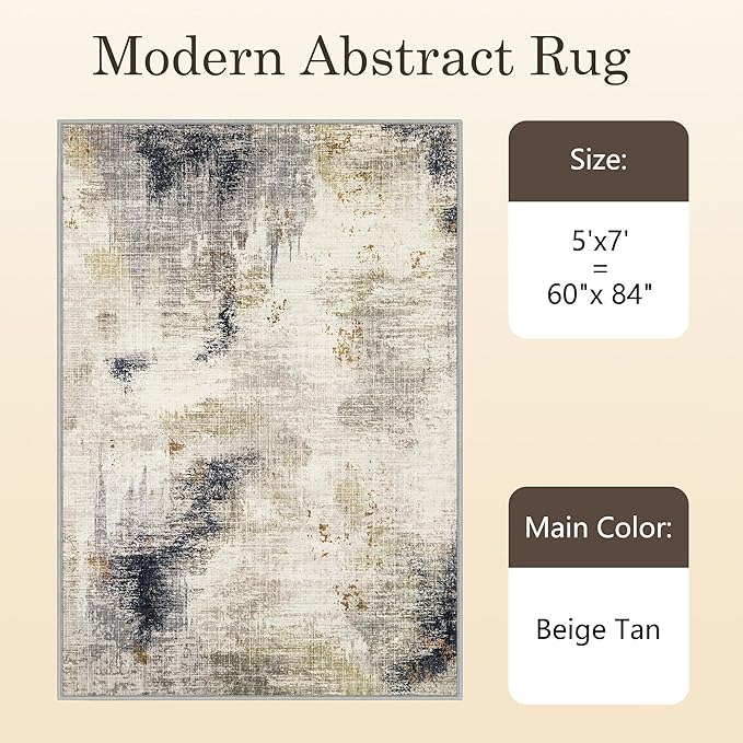 5x7 Washable Area Rugs - Modern Abstract Rugs for Living Room Non-Slip Low Pile Soft Machine Washable Carpet for Bedroom, Dining Room, Nursery, Home Office, Farmhouse (5'x7' Beige Tan)
