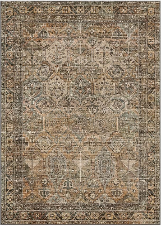 Bavni Washable Rug 5x7 Area Rug for Living Room Bedroom Dining, Washable Vintage Print Carpet, Ultra-Thin Chenille Low Pile Lightweight Rug with Non Slip Backing, Warm Taupe
