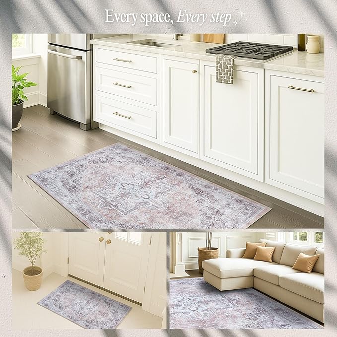 Fame Rugs Turkish Rug. Washable Vintage Oriental Antique Inspired Traditional Doormat Small Modern Area Rugs Luxury Entryway Entry Bedroom Bathroom Kitchen (392TW, 4'9 x 6'9)