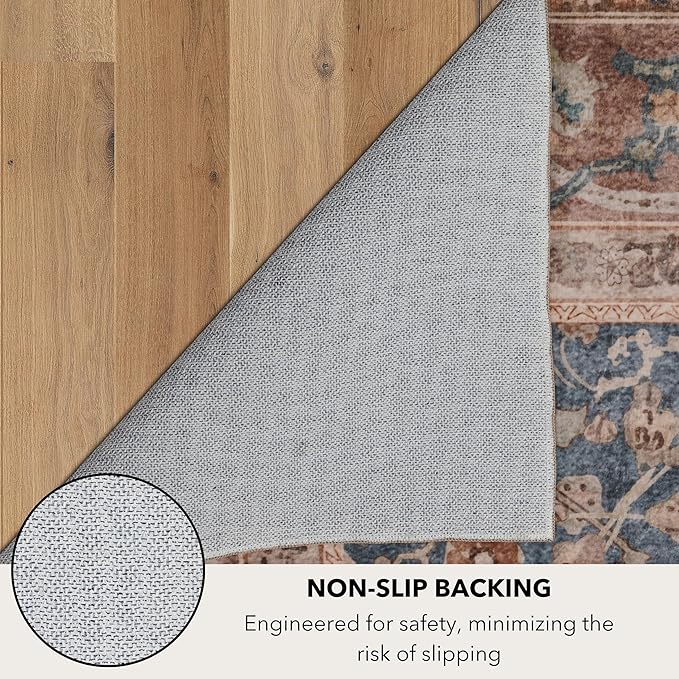 Kuden 6x9 Area Rug, Machine Washable Area Rug with Non-Slip Backing, Vintage Style, Soft, Easy Clean, Low Pile Rug for Living Room, Bedroom, Dining Room