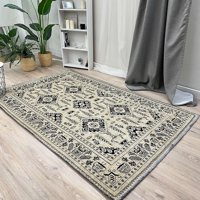 Alfa Rich 7x10 Beige Black Washable Area Rugs for Living Room Bedroom Kitchen Dining Cotton Rug