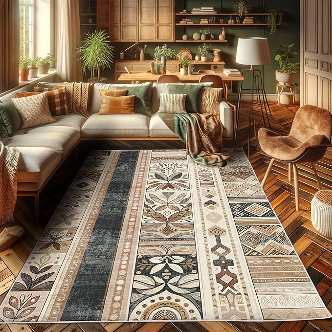 Ambesonne Southwestern Decorative Rug, Geometric Designs with Botanical Forms in Earthy Ethnic Color Palette, Quality Carpet for Bedroom Dorm and Living Room, 2' 2" x 3' 7", Black Brown Grey