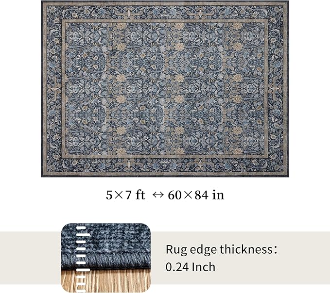 Washable Living Room Rug: 5x7 Boho Floral Soft Area Rug for Bedroom Decor - Vintage Low Pile Thin Carpet for Dining Room Non-Slip - Farmhouse Stain Resistant Rugs - Slate Blue