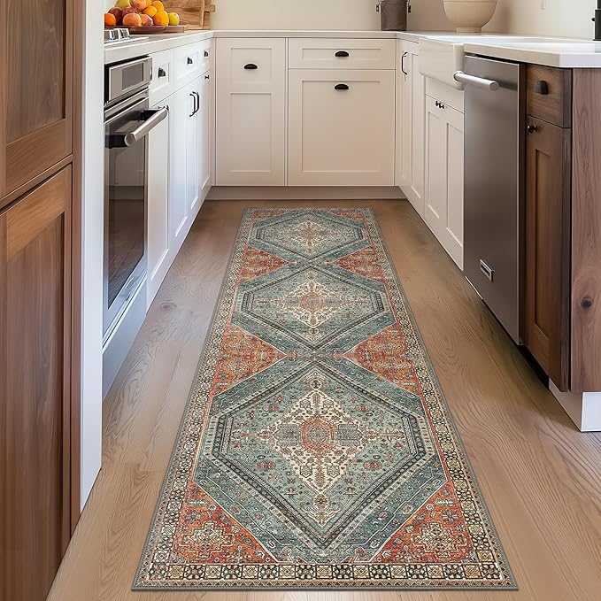 Bavni Runner Rug 2x10 Kitchen Rugs for Hallways Entryway, Washable Vintage Print Carpet, Ultra-Thin Chenille Low Pile Lightweight Rug with Non Slip Backing, Light Red/Blue