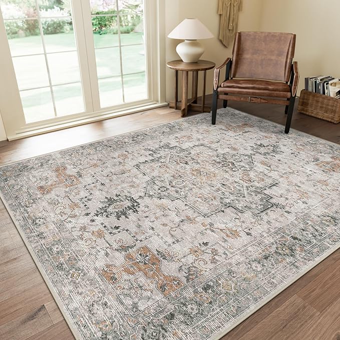 Bavni Washable Rug 8x10 Area Rug for Living Room Bedroom Dining, Washable Vintage Print Carpet, Ultra-Thin Low Pile Lightweight Rug with Non Slip Backing, Light Taupe Brown