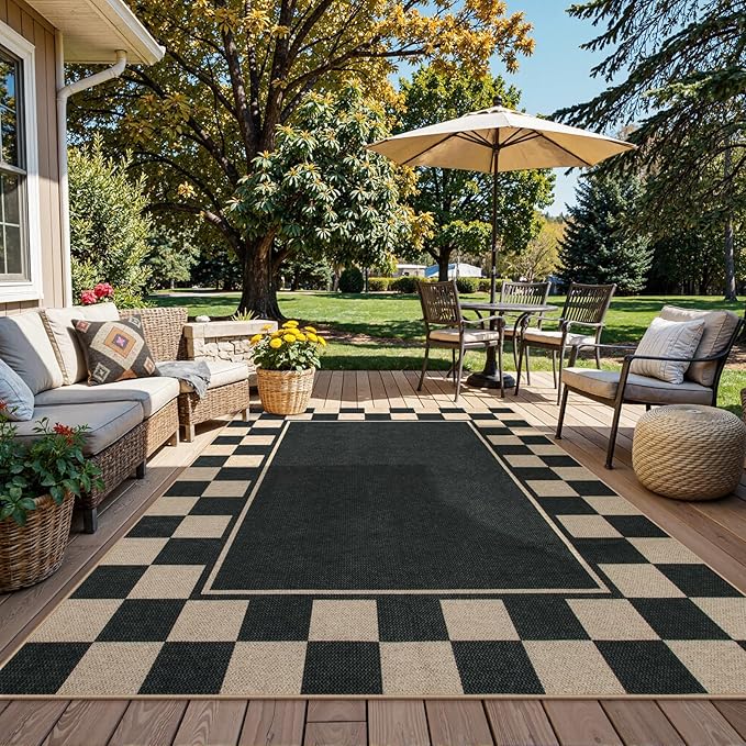 Moynesa Checkered Easy Jute Outdoor Rug 8x10 Area Rugs for Living Room, Black Washable Indoor Outdoor Patio Rug Non Slip, Large Farmhouse Carpet for Bedroom Dining Room Backyard