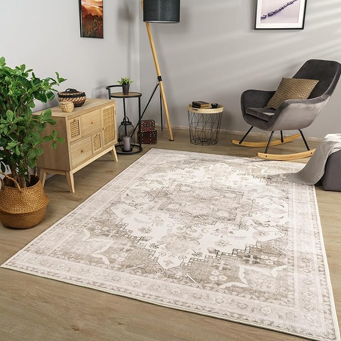 Paco Home Vintage Area Rug with Faded Oriental Pattern in Beige, Size: 6'7" x 9'2"