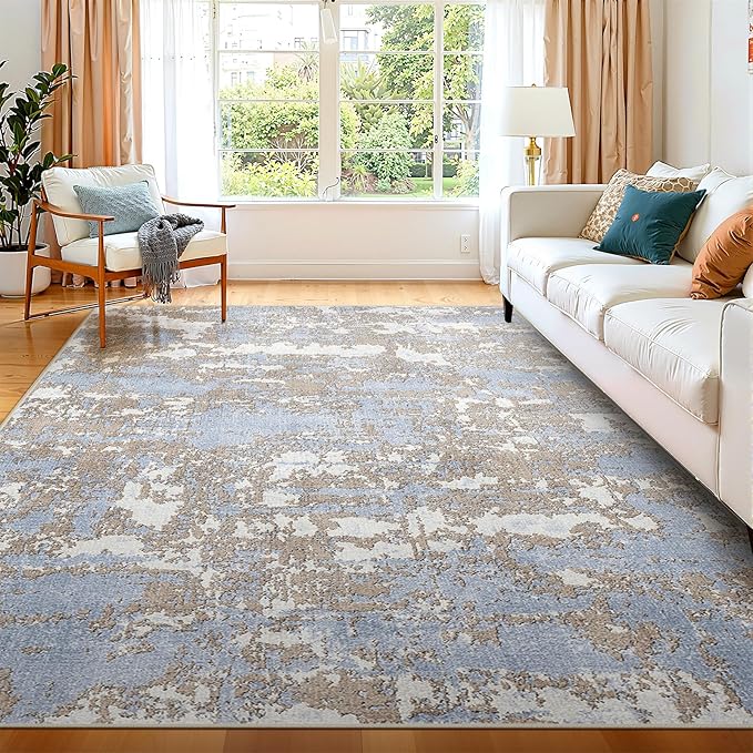 WITSHOCK Living Room Area Rugs 6x9: Abstract Rugs Machine Washable for Bedroom Carpet Resistant Non-Slip Carpet Large Indoor Floor for Dining Room Farmhouse Nursery Blue Brown
