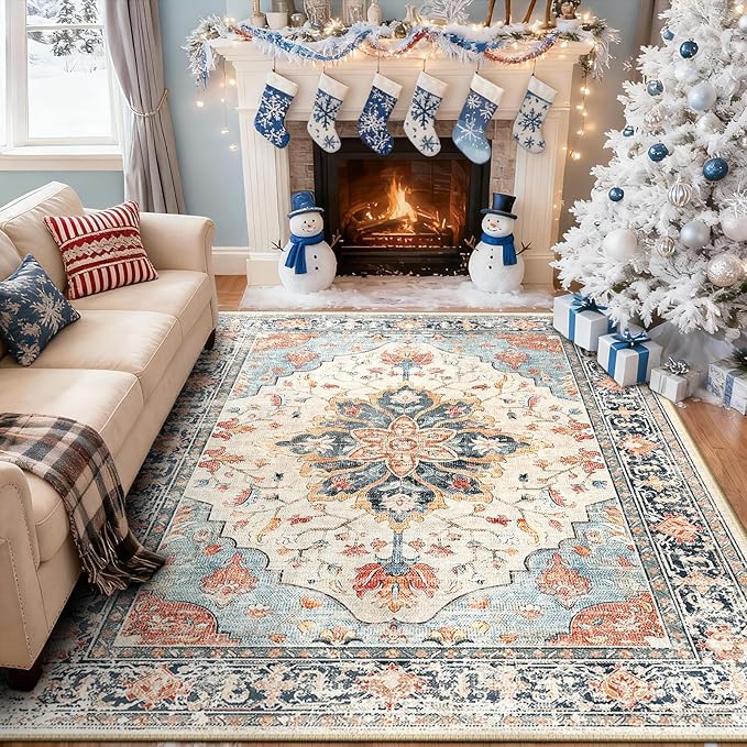 Area Rugs 6'x9' Washable Non-Slip, Floral Vintage Distress Print Pattern Medallion Carpet for Living Room Bedroom Dining Room, Beige Navy Blue Orange Colorful