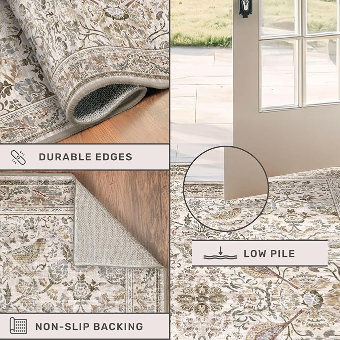 Boho 2x10 Moss Green Hallway Runner Rug 10 ft, Washable Extra Long Runner Rugs for Entrance Floor, Stain Resistant Vintage Brown Taupe Floral Design Carpet for Kitchen, Low Pile & Soft