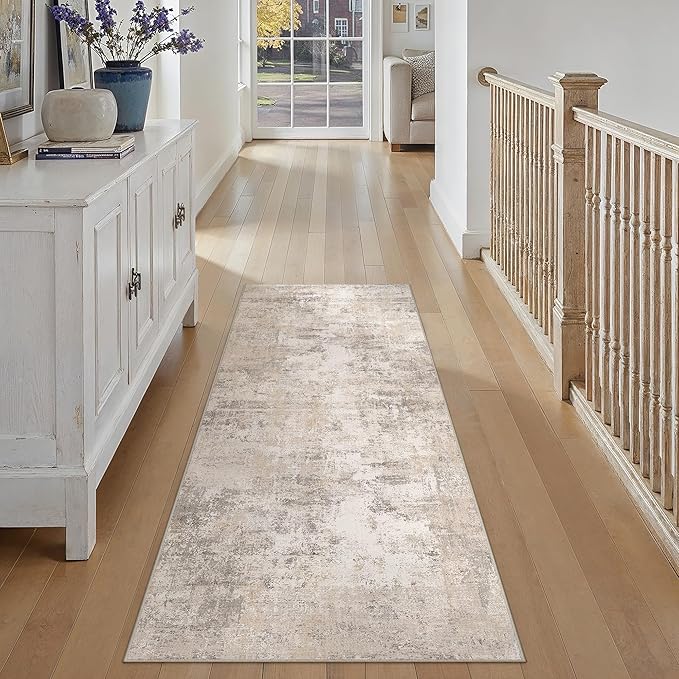 2x6 Washable Runner Rug Beige Grey Abstract Hallway Kitchen Throw Rug Neutral Modern Non Slip Soft Low Pile Carpet for Bathroom Laundry Bedroom Living Room