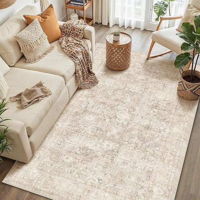 6x9 Beige Washable Area Rug for Living Room Bedroom Neutral Soft Non Slip Rug Low Pile Vintage Distressed Carpet for Dining Room Nursery Office Indoor