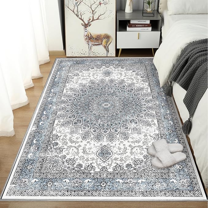4’x6’ Area Rugs for Living Room Non Slip Washable Low Pile Area Rugs for Bedroom Dining Foldable Vintage Carpets Blue