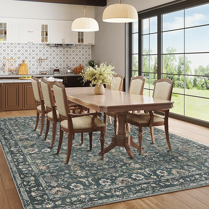 9x12 Area Rug for Living Room, Soft Large Rugs Blue Washable Rugs, Indoor Vintage Carpet for Bedroom Dining Room Office, Rubber Backed Non Slip Low Pile Mat, Deep Blue