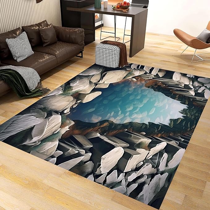 Visual Illusion Canyon Living Room Rug, 4x6ft, 3D Visual Effect Stream Indoor Throw Mat, Stone Crack Ultra Soft Home Decor Carpet, Thin Low Pile Machine Washable Rugs for Entrance