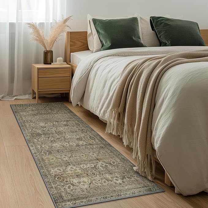 2x10 Runner Rug Machine Washable Boho Runners for Hallway,Ultra-Thin Low Pile Rug,Lightweight Indoor Carpet,Non Slip Floral Runners for Enrtyway, Corridor, Home Office, Kitchen,Sage