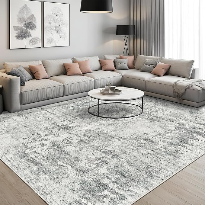 Abstract Rug 8x10 Large Living Room Rugs Neutral Modern Washable Area Rugs for Bedroom Dining Room Non-Slip Stain Resistant Foldable Thin Rug Gray White