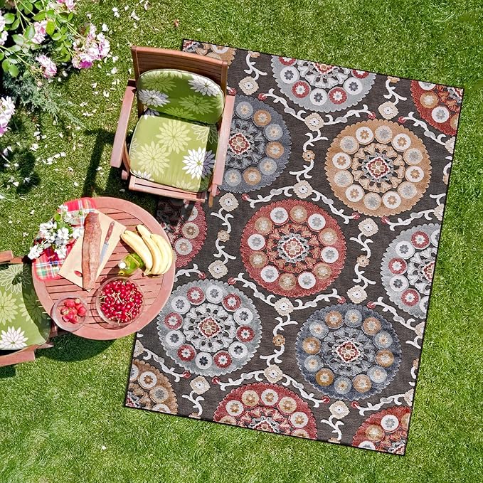 CAMILSON Indoor Outdoor Rug 5x7 Bohemian Medallion Floral Area Rugs for Indoor and Outdoor Patios Easy-Cleaning Non-Shedding Living Room Garden and Kitchen Washable Outside Carpet (5 x 7 / Brown)