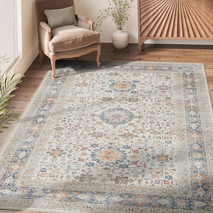jinchan Area Rug 8x10 Washable Living Room Rug Vintage Distressed Orange Multi Floral Floor Cover Indoor Mat Retro Carpet Bedroom Office Kitchen Farmhouse