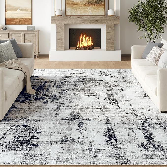 FMFUNCTEX 8x10 Washable Area Rug Black and Grey Neutral Abstract Modern Large Non Slip Carpet for Living Room Bedroom Soft Low Pile Indoor Mat Contemporary Accent Throw Rug for Dining Kitchen Nursery