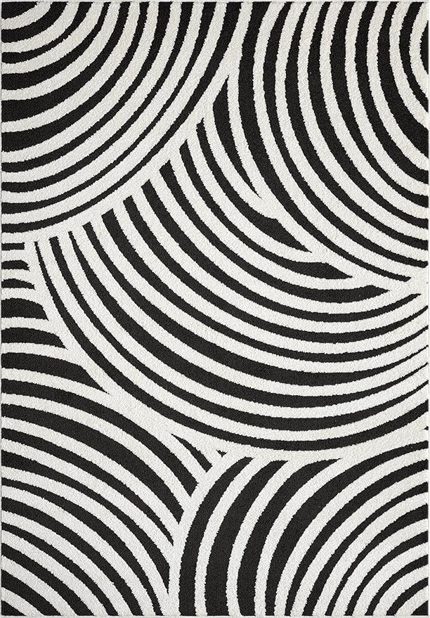 Abani Nomad Cream & Black Area Rug 6' x 9' for Living Room, Bedroom - Black Linear Curves Design - Durable & Easy to Clean