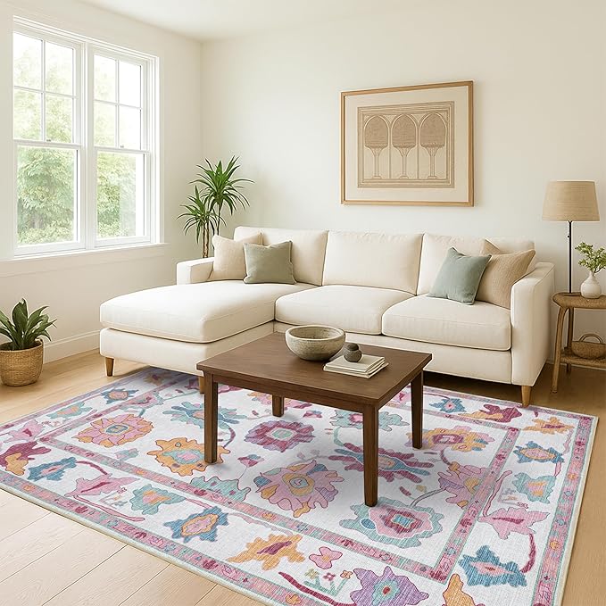Fame Living Pink Oushak Runner Rug, Modern Runners, Turkish, Eclectic, Floral, Pastel, Washable, Small Throw Rugs, Short Runner for Hallway, Entryway, Laundry, Bedroom, Kitchen, Bathroom, 2'5"x6'5"
