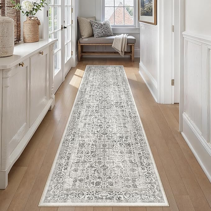 Black Runner Rug 2x12 Hallway Machine Washable Kitchen Vintage Distressed Non Slip Long Carpet Indoor Retro Floral Bedroom Accent Throw Rug for Bathroom Office Laundry Dining Room