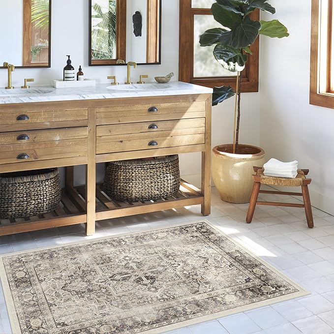 RUGGABLE Washable Vintage Area Rug – Kamran Hazel 4x6, Stain-Resistant, Non-Slip – Medium Machine Washable Rugs for Living Room, Bedroom, Hallway, Entryway & Office–with Cushioned Pad
