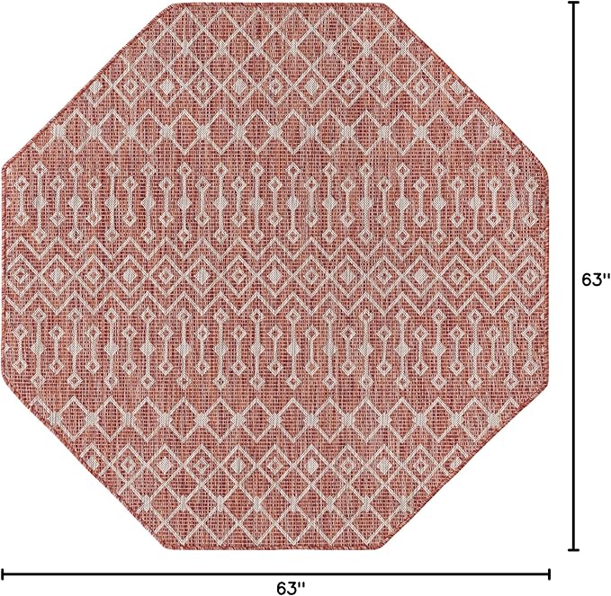 Unique Loom Outdoor Trellis Collection Area Rug - Tribal Trellis (5' 3" Octagon, Rust Red/ Ivory)