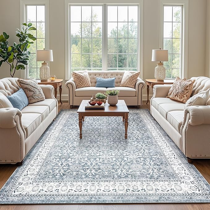 jinchan Floral 9x12 Area Rugs for Living Room - Machine Washable Vintage Distressed Boho Design Soft Throw Rug Large Carpet Low-Pile Thin Non-Slip for Bedroom Dining Room Nursery (9‘x12', Grey)