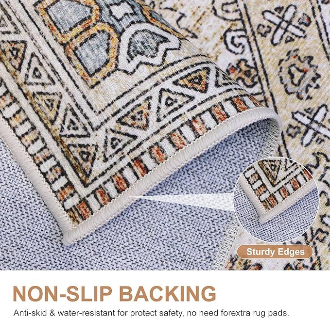 Bavni Kitchen Rug 2x7 Runner Rugs for Hallways Entryway, Washable Vintage Print Carpet, Ultra-Thin Chenille Low Pile Lightweight Rug with Non Slip Backing, Tan/Grey
