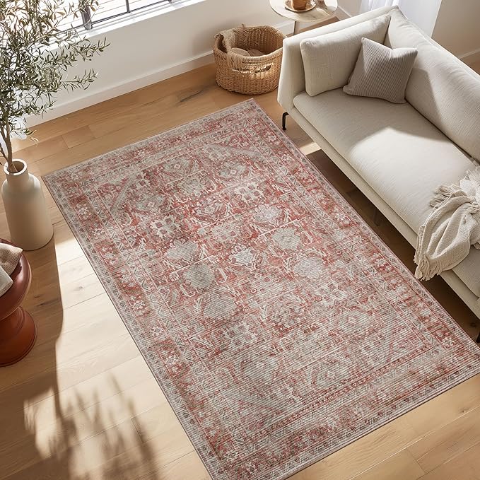 Kuden 4x6 Area Rug, Machine Washable Area Rug with Non-Slip Backing, Vintage Style, Soft, Easy Clean, Low Pile Rug for Living Room, Bedroom, Dining Room