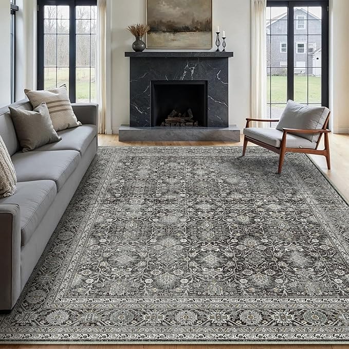 Vintage Area Rug 8x10 Black Washable Living Room Large Carpet Non Slip Bedroom Indoor Office Low Pile Traditional Distressed Retro Accent Rug for Dining Room