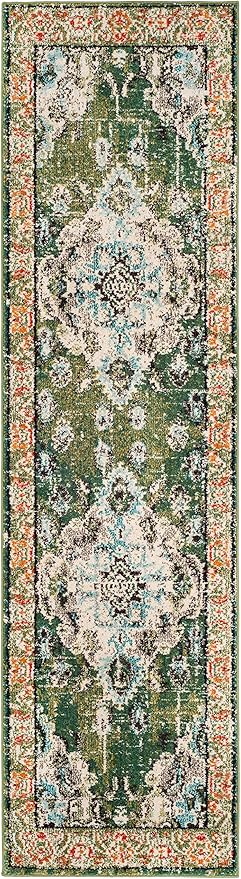 SAFAVIEH Monaco Collection Runner Rug - 2'2" x 6', Forest Green & Light Blue, Medallion Distressed Design, Non-Shedding & Easy Care, Ideal for High Traffic Areas in Living Room, Bedroom (MNC243F)