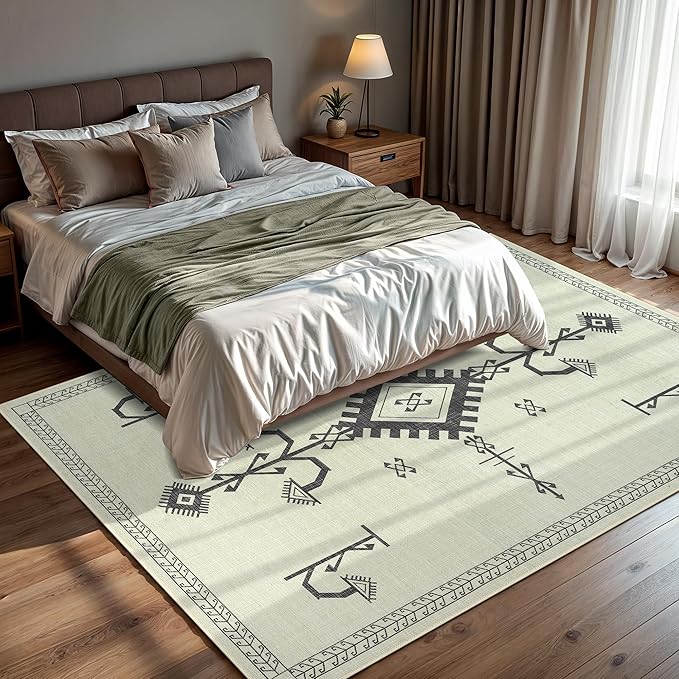 GLN Rugs Contemporary Collection - Machine Washable Area Rug, Contemporary Washable, Non Slip, Low Pile Chenille Rug, Living Room, Bedroom, Kitchen Rug (9' x 12' Cream/Anthracite)