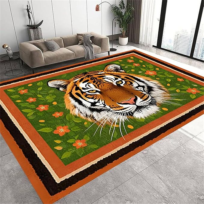 Tiger Print Rug,5x6ft,The Tiger is Surrounded by Orange and Green Floral Patterns. This Rug is Suitable for Boys and Girls' Bedrooms，Anti-Slip Carpet Suitable for Living Room Bedroom Home Decoration