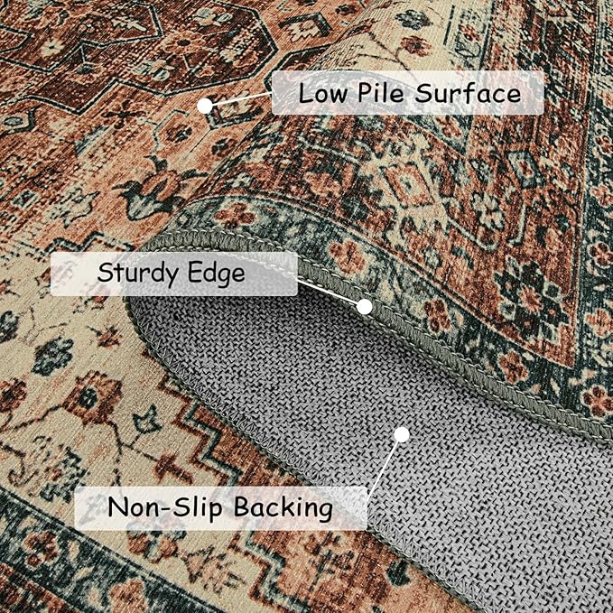 Moynesa Ultra-Thin Washable Runner Rug - 2x7 Kitchen Runner Stain Resistant Hallway Mat, Non-Slip Non-Shedding Bathroom Laundry Carpet Runner for Front Door Bedside Camper, Brick Red/Dull Teal