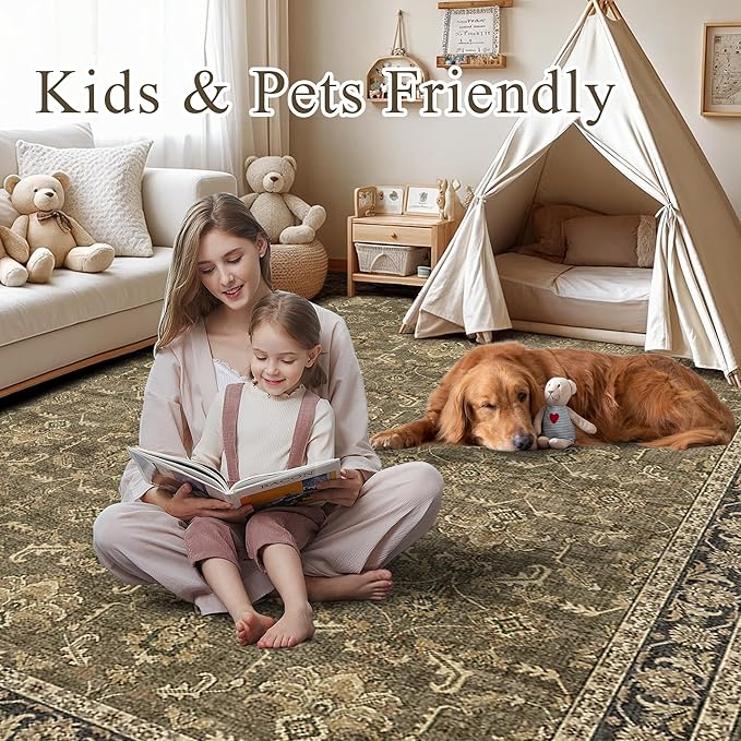 Washable Area Rug 5x7 Brown Rugs for Living Room, Vintage Boho Large Rug for Bedroom Dining Room Office, Distressed Floral Print Carpet for Under Table, Soft Non Slip Low Pile Throw Carpet Indoor Mat