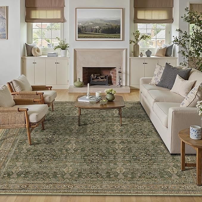 6x9 Area Rug for Living Room Green Brown Vintage Washable Bedroom Carpet Traditional Distressed Soft Non Slip Indoor Large Accent Rug Retro Thin Low Pile Floor Cover for Dining Room Playroom