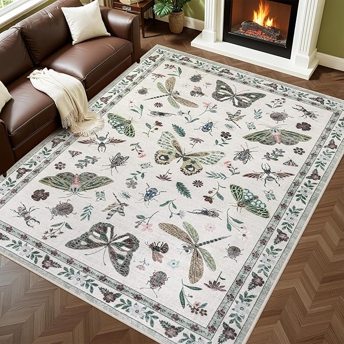5x7 Area Rugs Living Room Rug: Vintage Washable Rug Floral Soft Carpet Indoor Floor Non-Slip Boho Stain Resistant Large Carpets for Bedroom Kids Nursery Dining Room Farmhouse Home Office Beige