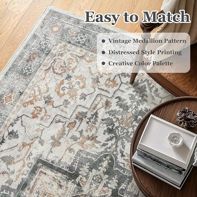Farmhouse Distressed 8x10 Rugs for Living Room Bedroom, Washable Non Slip Vintage Dining Room Rugs for Under Table, Low Pile Thin Soft Carpet Medallion Pattern Printed Boho, Grey/Orange-Brown