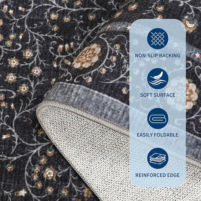 GarveeHome Boho 6x9 Area Rug for Living Room, Floral Vintage Rugs for Bedroom with Soft Low Pile, Non Slip Stain Resistant Botanical Washable Rug 6x9 for Dining Room Blue Carpet for Dorm Office