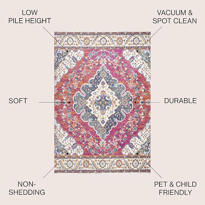 JONATHAN Y Boho Vintage Fuchsia/White Indoor Area Rug, 4x6, Bohemian Flair Medallion, Floral Easy-Cleaning High Traffic for Living Room, Bedroom, Kitchen, Pet-Friendly, Non-Shedding (BMF106C-4)