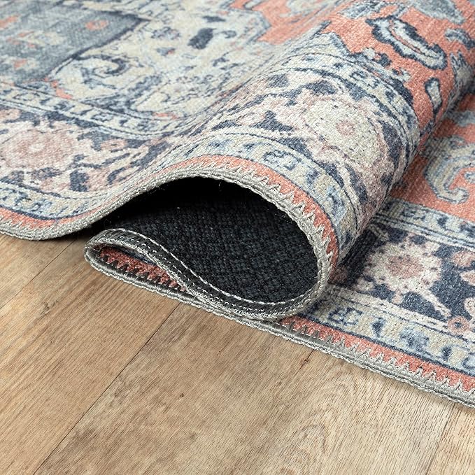 Bloom Rugs Washable Non-Slip 9' x 12' Rug - Coral/Blue Traditional Medallion Area Rug for Living Room, Bedroom, Dining Room, and Kitchen - Exact Size: 9' x 12'