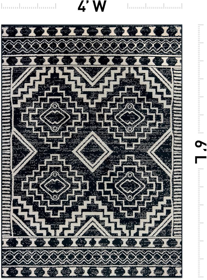 Rugshop Southwestern Black and White Tribal Area Rug – Geometric Diamond Pattern Carpet for Living Room, Bedroom, or Entryway – Boho Rustic Soft Floor Decor 4' x 6' Black